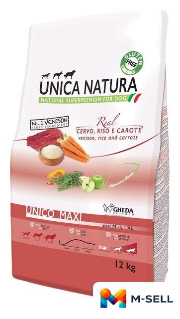 Сухой корм для собак Unica Natura Unico Maxi с олениной, рисом и морковью 12 кг - Изображение №1 — Мульти e-магазин M-SELL
