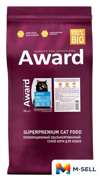 Сухой корм для кошек Award Adult Sterilized (для стерилизованных с белой рыбой с добавлением семян льна, клюквы и цикория) 10 кг - Изображение №1 — Мульти e-магазин M-SELL
