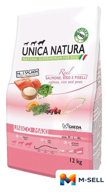 Сухой корм для собак Unica Natura Unico Maxi с лососем, рисом и горохом 12 кг - Изображение №1 — Мульти e-магазин M-SELL