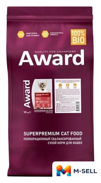 Сухой корм для кошек Award Adult Indoor Big Сats (для крупных пород с говядиной и курицей с добавлением брокколи и Юкки Шидигера) 10 кг - Изображение №1 — Мульти e-магазин M-SELL