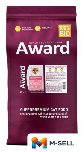 Сухой корм для кошек Award Healthy Growth Kitten (для котят от 1 месяца с индейкой и курицей с добавлением рыбьего жира и семян льна) 10 кг - Изображение №1 — Мульти e-магазин M-SELL