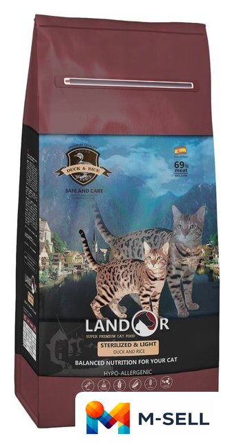 Сухой корм для кошек Landor Adult Sterilized & Light Duck with Rice 10 кг - Изображение №1 — Мульти e-магазин M-SELL