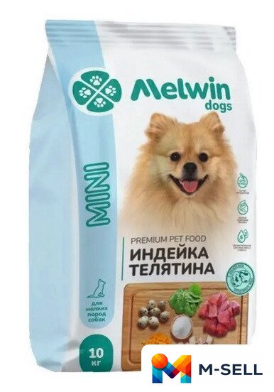 Сухой корм для собак Melwin для взрослых собак мелких пород с индейкой и телятиной 10 кг - Изображение №1 — Мульти e-магазин M-SELL