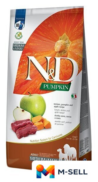 Сухой корм для собак Farmina N&D Pumpkin Venison&Apple Adult Medium&Maxi для взрослых средних и крупных пород с олениной, тыквой и яблоком (12 кг) - Изображение №1 — Мульти e-магазин M-SELL