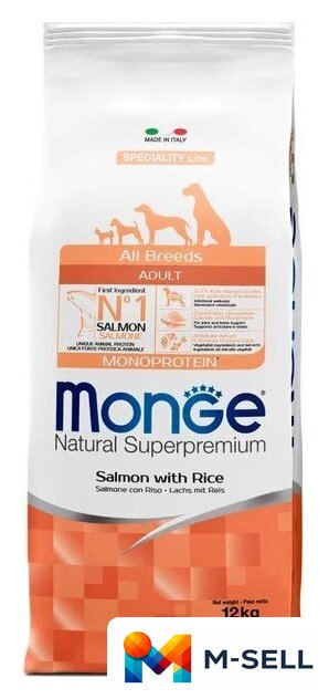 Сухой корм для собак Monge All Breeds Adult Monoprotein Salmon and Rice с лососем и рисом 12 кг - Изображение №1 — Мульти e-магазин M-SELL