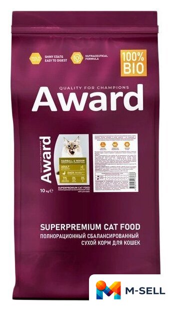 Сухой корм для кошек Award Adult Hairball & Indoor (для выведения шерсти с уткой и индейкой с добавлением зеленой чечевицы и Юкки Шидигера) 10 кг - Изображение №1 — Мульти e-магазин M-SELL
