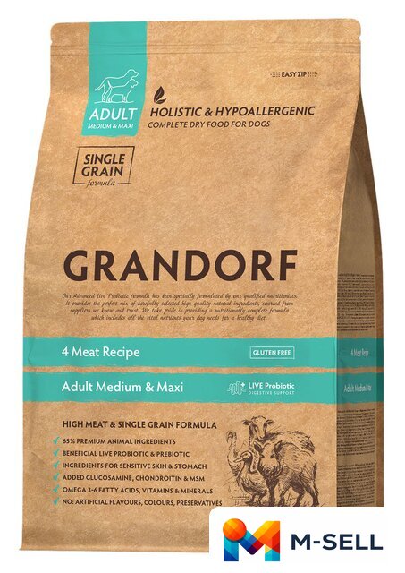 Сухой корм для собак Grandorf Adult Medium & Maxi Probiotic 4 Meat Recipe (4 мяса с пробиотиками) 3 кг - Изображение №1 — Мульти e-магазин M-SELL