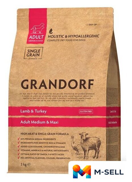 Сухой корм для собак Grandorf Medium & Maxi Breeds Lamb & Turkey (с ягненком и индейкой) 3 кг - Изображение №1 — Мульти e-магазин M-SELL