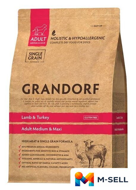 Сухой корм для собак Grandorf Medium & Maxi Breeds Lamb & Turkey (с ягненком и индейкой) 10 кг - Изображение №1 — Мульти e-магазин M-SELL