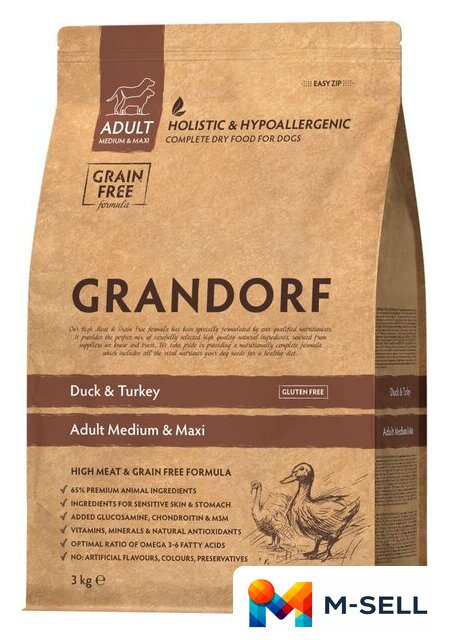 Сухой корм для собак Grandorf Medium & Maxi Breeds Duck & Turkey (с уткой и индейкой) 3 кг - Изображение №1 — Мульти e-магазин M-SELL