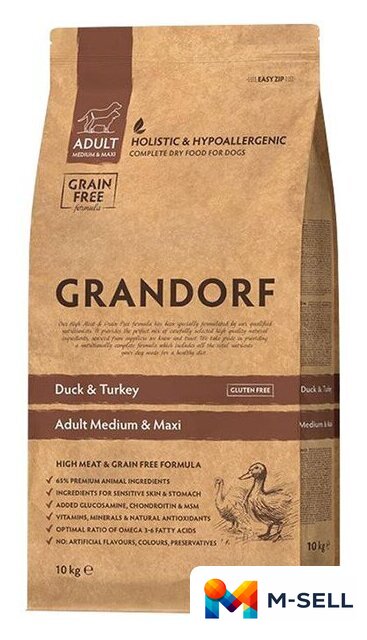 Сухой корм для собак Grandorf Medium & Maxi Breeds Duck & Turkey (с уткой и индейкой) 10 кг - Изображение №1 — Мульти e-магазин M-SELL