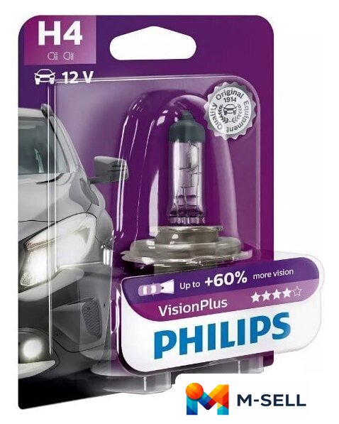 Галогенная лампа Philips H4 VisionPlus 1шт - Изображение №1 — Мульти e-магазин M-SELL