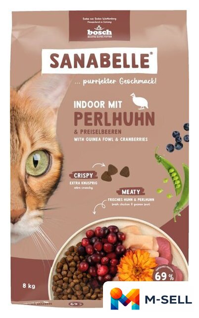 Сухой корм для кошек Bosch Sanabelle Indoor mit Perlhuhn & Preiselbeeren 8 кг - Изображение №1 — Мульти e-магазин M-SELL