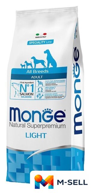 Сухой корм для собак Monge All Breeds Adult Light Salmon and Rice (низкокалорийный для всех пород с лососем и рисом) 12 кг - Изображение №1 — Мульти e-магазин M-SELL