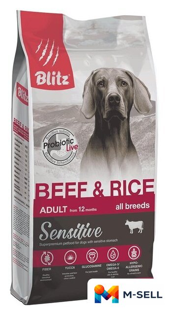 Сухой корм для собак Blitz Sensitive Adult All Breeds Beef & Rice (с говядиной и рисом) 15 кг - Изображение №1 — Мульти e-магазин M-SELL