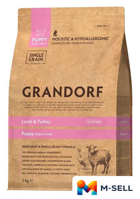 Сухой корм для собак Grandorf Dog Puppy Lamb & Turkey (с ягненком и индейкой) 3 кг - Изображение №1 — Мульти e-магазин M-SELL