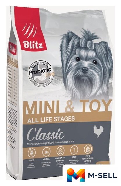 Сухой корм для собак Blitz Classic Mini & Toy Breeds All Life Stages (для мелких и миниатюрных пород всех возрастов) 7 кг - Изображение №1 — Мульти e-магазин M-SELL