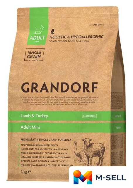 Сухой корм для собак Grandorf Dog Mini Breeds Lamb & Turkey (с ягненком и индейкой) 3 кг - Изображение №1 — Мульти e-магазин M-SELL