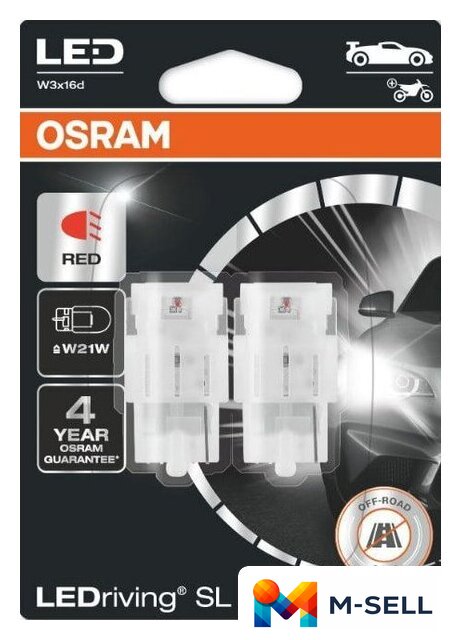 Светодиодная лампа Osram W21W LEDriving Red 2шт - Изображение №1 — Мульти e-магазин M-SELL