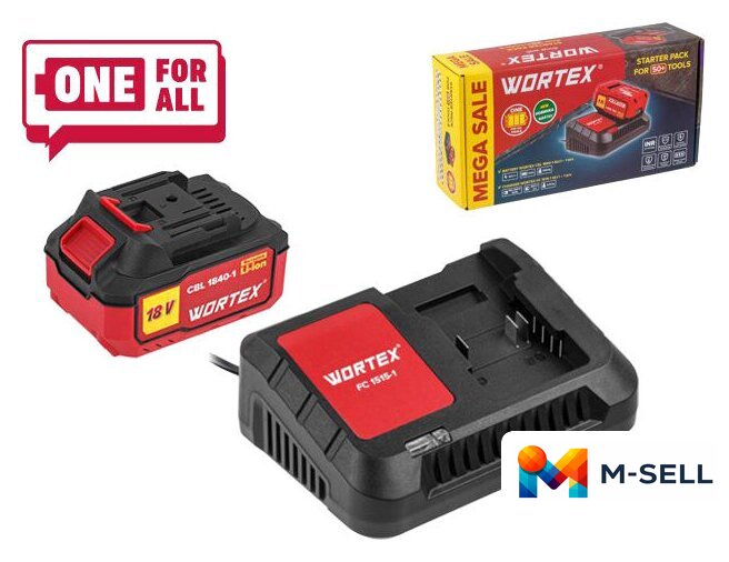 Аккумулятор с зарядным устройством Wortex 1329412 (18В/4.0 Ah + 18В) - Изображение №1 — Мульти e-магазин M-SELL