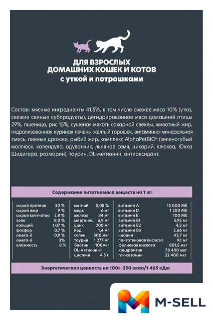 Сухой корм для кошек AlphaPet WOW для взрослых кошек утка и потроха 121316 (7 кг) - Изображение №11 — Мульти e-магазин M-SELL