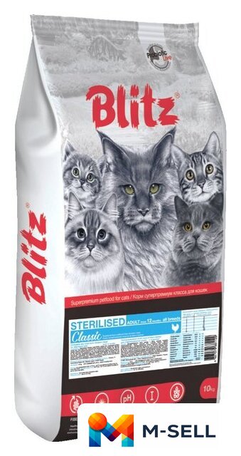 Сухой корм для кошек Blitz Pets Classic Sterilised Cats Chicken (для стерилизованных с курицей) 10 кг - Изображение №1 — Мульти e-магазин M-SELL