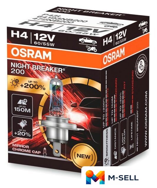 Галогенная лампа Osram Night Breaker 200 H4 64193NB200 (картонная коробка, 1 шт) - Изображение №1 — Мульти e-магазин M-SELL