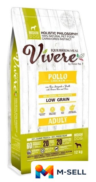 Сухой корм для собак Vivere Medium Adult Low Grain Chicken (Курица) 12 кг - Изображение №1 — Мульти e-магазин M-SELL