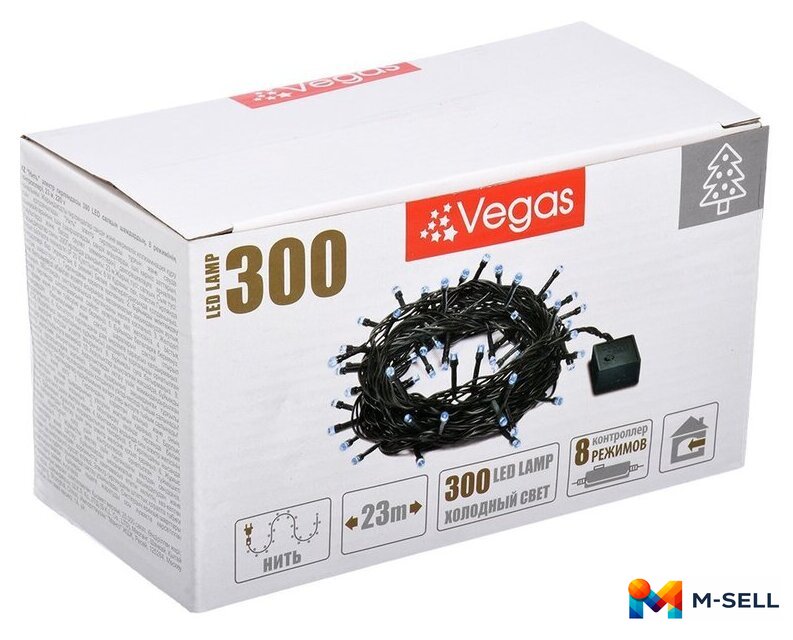 Светодиодная гирлянда Vegas Нить 55072 300 LED (белый холодный) - Изображение №1 — Мульти e-магазин M-SELL
