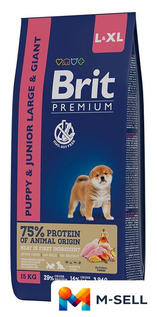 Сухой корм для собак Brit Premium Dog Puppy and Junior Large and Giant курица 15 кг - Изображение №1 — Мульти e-магазин M-SELL