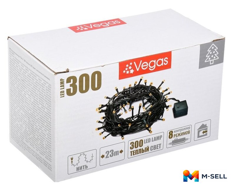 Светодиодная гирлянда Vegas Нить 55071 300 LED (белый теплый) - Изображение №1 — Мульти e-магазин M-SELL