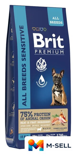 Сухой корм для собак Brit Premium Dog Sensitive с лососем и индейкой 15 кг - Изображение №1 — Мульти e-магазин M-SELL