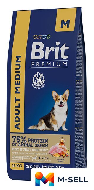 Сухой корм для собак Brit Premium Dog Adult Medium курица 15 кг - Изображение №1 — Мульти e-магазин M-SELL