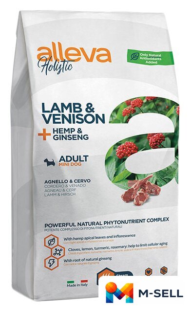 Сухой корм для собак Alleva Holistic Lamb & Venison + Hemp & Ginseng Mini (Ягненок и оленина + конопля и женьшень) 2 кг - Изображение №1 — Мульти e-магазин M-SELL