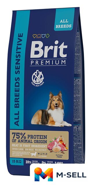 Сухой корм для собак Brit Premium Dog Sensitive ягненок и индейка 15 кг - Изображение №1 — Мульти e-магазин M-SELL