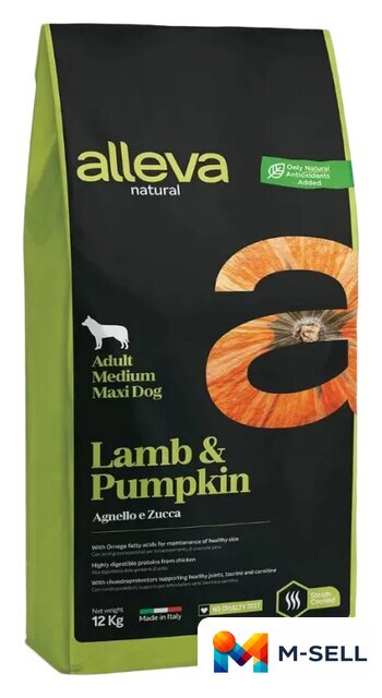 Сухой корм для собак Alleva Natural Lamb & Pumpkin Medium/Maxi (ягненок с тыквой) 12 кг - Изображение №1 — Мульти e-магазин M-SELL