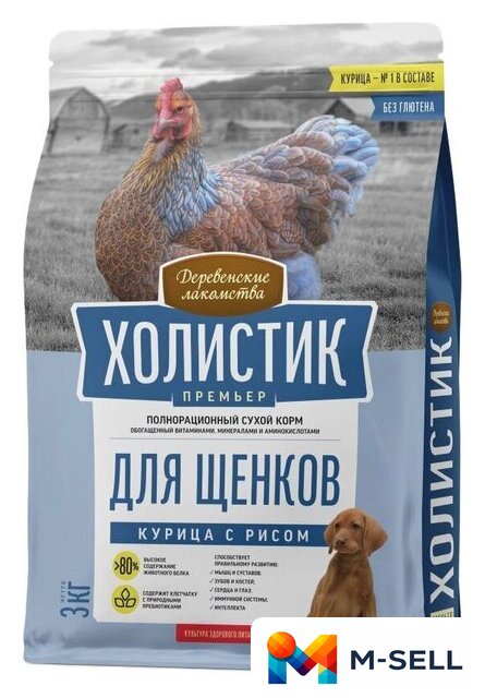 Сухой корм для собак Деревенские лакомства Холистик Премьер для щенков. Курица с рисом 3 кг - Изображение №1 — Мульти e-магазин M-SELL