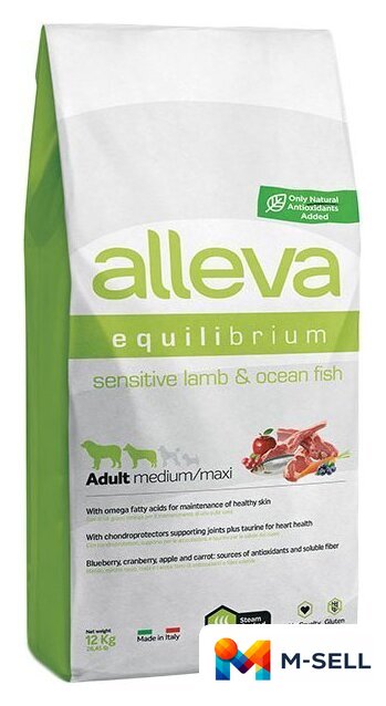 Сухой корм для собак Alleva Equilibrium Sensitive Lamb & Ocean Fish Medium/Maxi 12 кг - Изображение №1 — Мульти e-магазин M-SELL