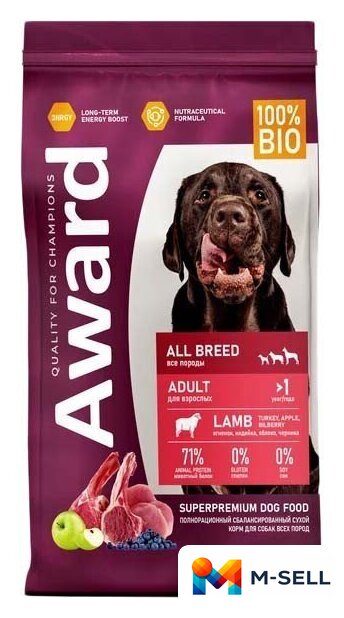 Сухой корм для собак Award Adult All Breed для всех пород с ягненком, индейкой с добавлением яблока и черники 12 кг - Изображение №1 — Мульти e-магазин M-SELL