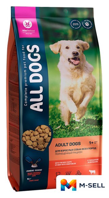 Сухой корм для собак All Dogs для взрослых собак с говядиной и овощами 13 кг - Изображение №1 — Мульти e-магазин M-SELL