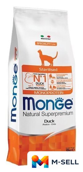 Сухой корм для кошек Monge Sterilised Natural Superpremium Monoprotein Duck 10 кг - Изображение №1 — Мульти e-магазин M-SELL