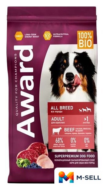 Сухой корм для собак Award Adult All Breed для всех пород с говядиной, курицей с добавлением брокколи и черники 12 кг - Изображение №1 — Мульти e-магазин M-SELL