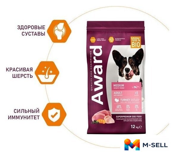 Сухой корм для собак Award Adult Medium для взрослых средних пород с индейкой, курицей с добавлением моркови и черной смородины 12 кг - Изображение №3 — Мульти e-магазин M-SELL