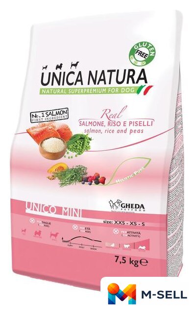 Сухой корм для собак Unica Natura Unico Mini с лососем, рисом и горохом 7.5 кг - Изображение №1 — Мульти e-магазин M-SELL