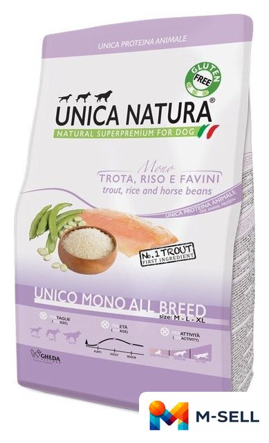 Сухой корм для собак Unica Natura Unico Mono All Breed с форелью, рисом, конскими бобами 12 кг - Изображение №1 — Мульти e-магазин M-SELL