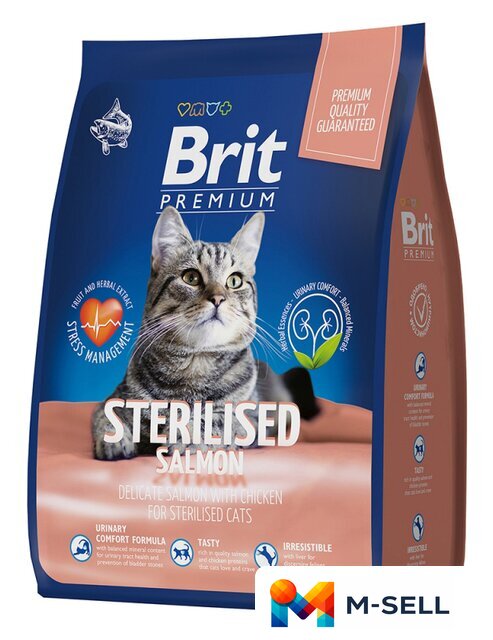 Сухой корм для кошек Brit Premium Cat Sterilized Salmon and Chicken (для стерилизованных кошек с лососем и курицей) 8 кг - Изображение №1 — Мульти e-магазин M-SELL