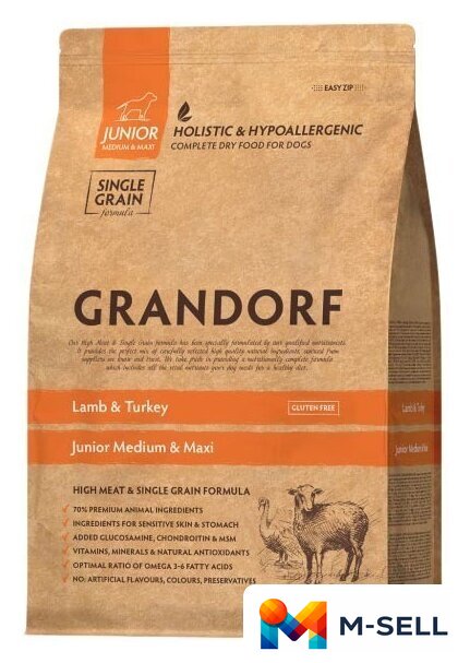 Сухой корм для собак Grandorf Lamb & Turkey Junior Medium & Maxi (с ягненком и индейкой) 3 кг - Изображение №1 — Мульти e-магазин M-SELL