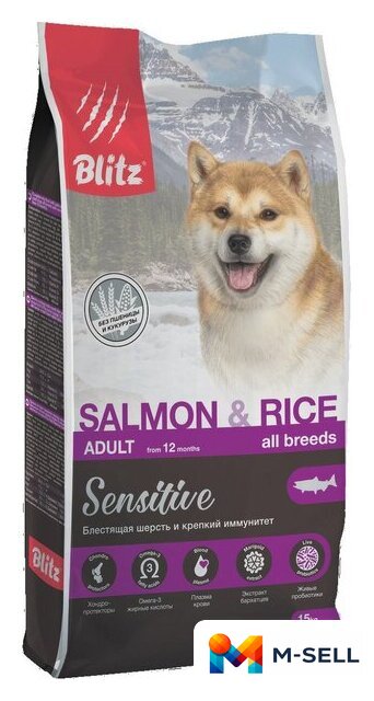 Сухой корм для собак Blitz Adult Salmon & Rice 15 кг - Изображение №1 — Мульти e-магазин M-SELL