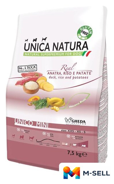 Сухой корм для собак Unica Natura Unico Mini с уткой, рисом и картофелем 7.5 кг - Изображение №1 — Мульти e-магазин M-SELL