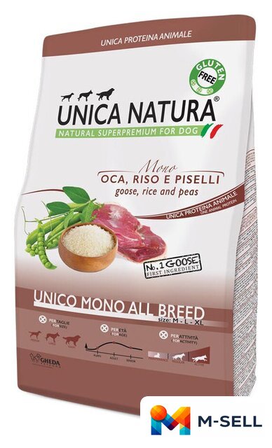 Сухой корм для собак Unica Natura Unico Mono All Breed с гусем, рисом и горохом 12 кг - Изображение №1 — Мульти e-магазин M-SELL